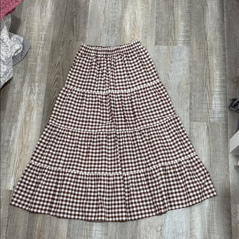 Brown Gingham Tiered Maxi Skirt - Women 100% Cotton